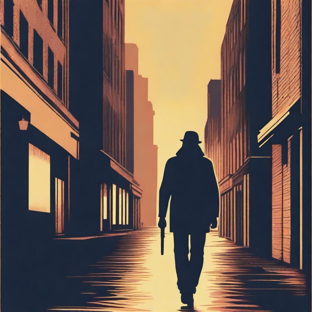 A high-quality, 70's inspired poster image, featuring a sinister figure of a serial killer prowling through the shadowy city streets at night