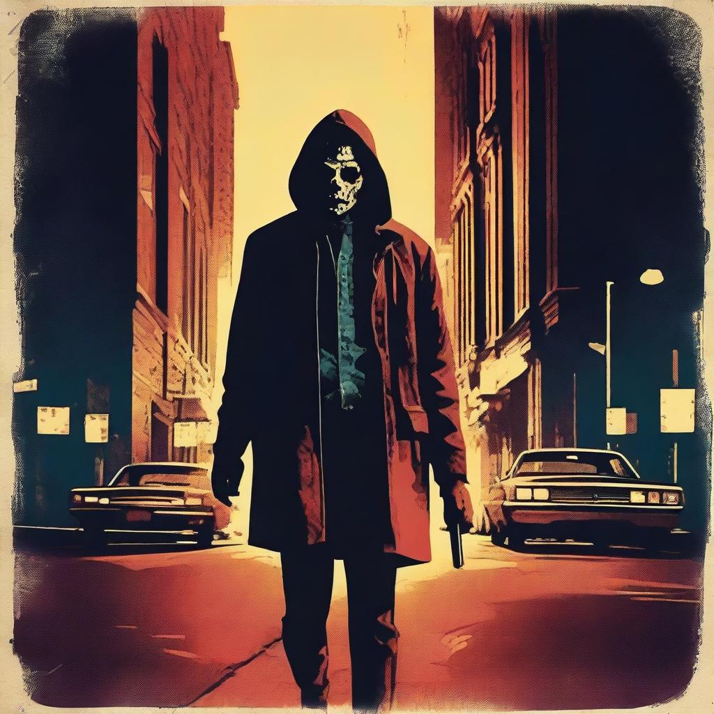 A high-quality, 70's slasher-inspired poster image, showcasing a menacing serial killer roaming the darkened city streets at night