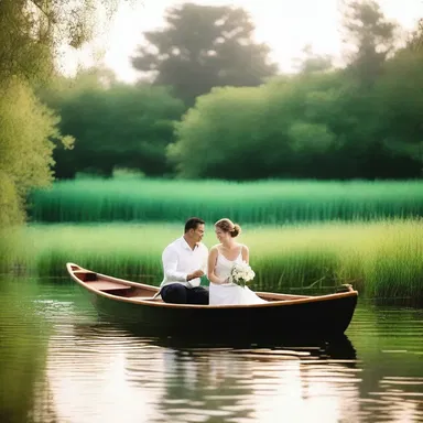 The couple rowed a boat together, surrounded by the lush green waterweed, creating a dreamy and romantic ambiance.