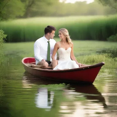 The couple rowed a boat together, surrounded by the lush green waterweed, creating a dreamy and romantic ambiance.