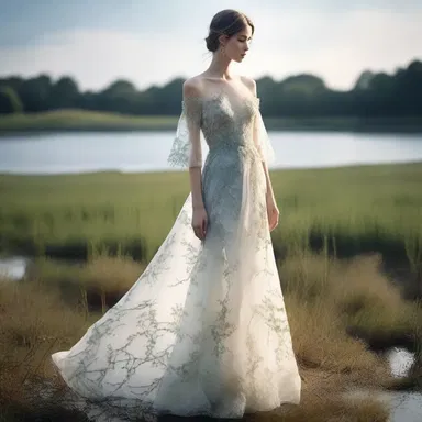 Inspired by the delicate beauty of waterweed, the designer created an ethereal gown adorned with intricate waterweed patterns.