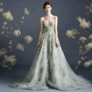 Inspired by the delicate beauty of waterweed, the designer created an ethereal gown adorned with intricate waterweed patterns.