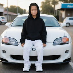 A boy in a black hoodie, white t-shirt, white pants, and white shoes, sitting on a Toyota Supra car. The car's license plate reads 'Zaibi'.