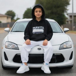 A boy in a black hoodie, white t-shirt, white pants, and white shoes, sitting on a Toyota Supra car. The car's license plate reads 'Zaibi'.