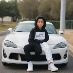 A boy in a black hoodie, white t-shirt, white pants, and white shoes, sitting on a Toyota Supra car. The car's license plate reads 'Zaibi'.