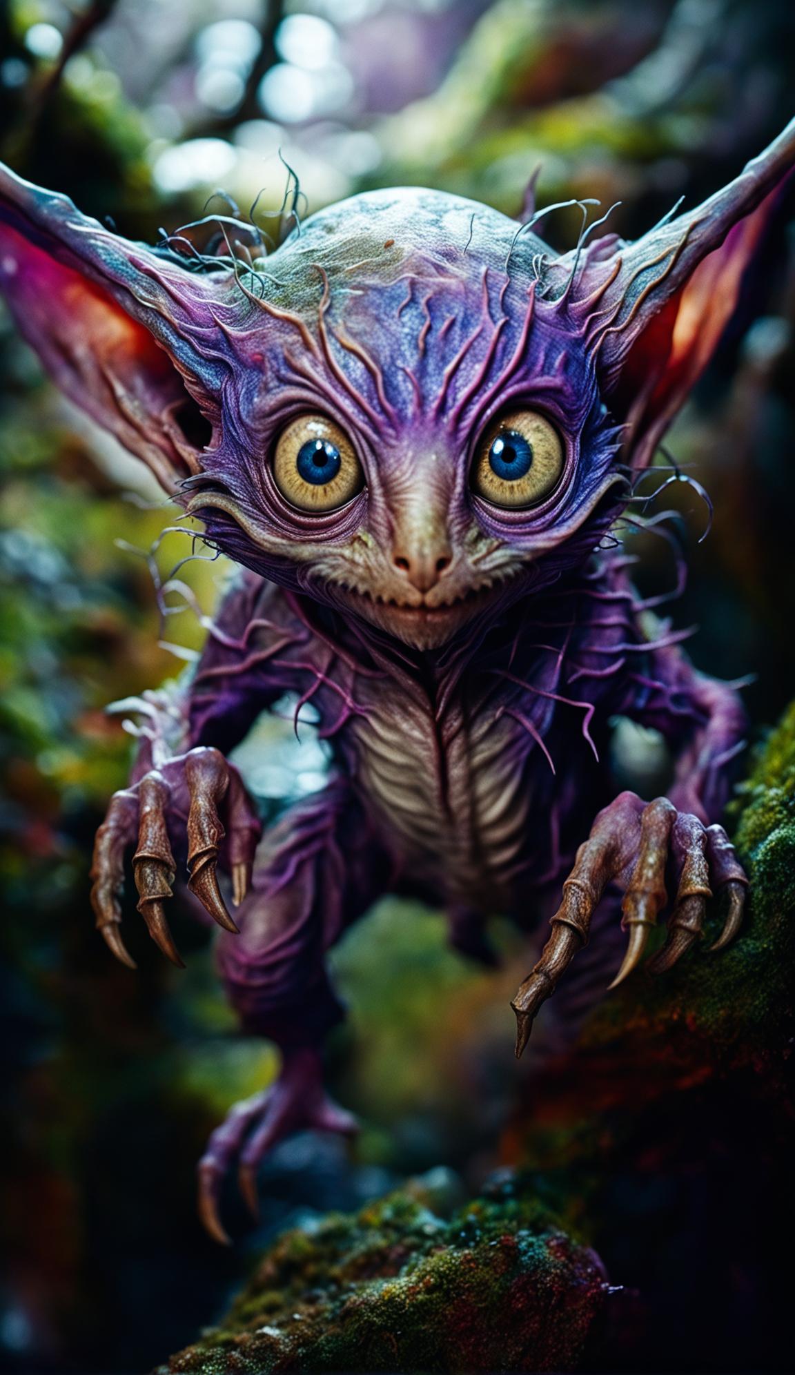 A 'Fantastic Beasts' style Nargle with gradient purple-black skin, thin limbs, long fingers and toes, bat-like ears, large white eyes, pointy nose, and sharp teeth in a dark forest setting.