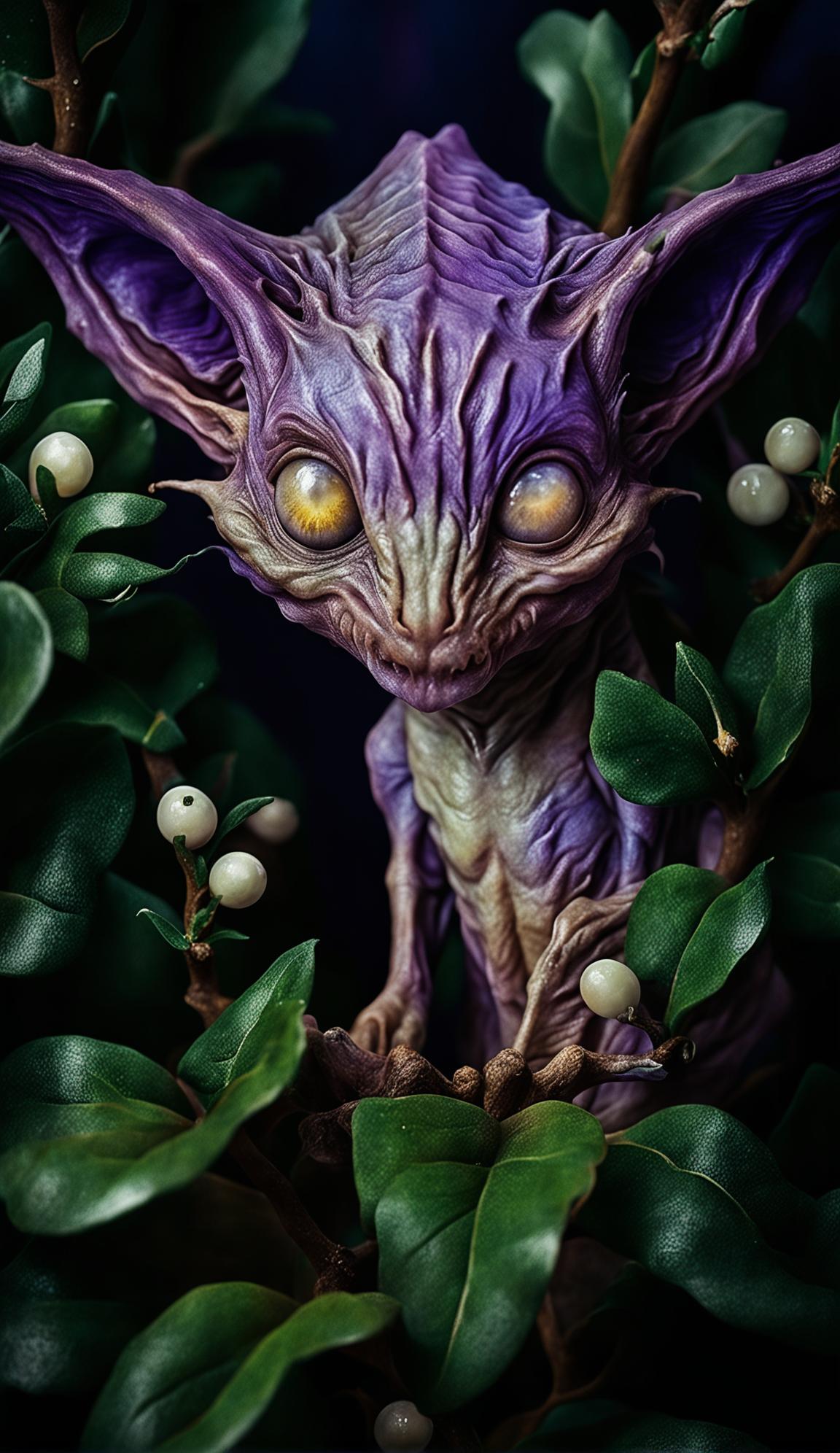 A 'Fantastic Beasts' style Nargle with gradient purple-black skin, thin limbs, long fingers and toes, bat-like ears, large white eyes, pointy nose, and sharp teeth nestled in a mistletoe.