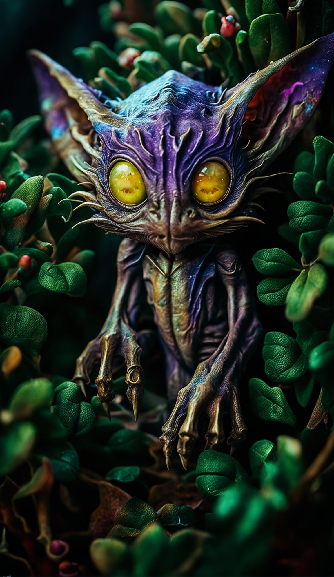 A 'Fantastic Beasts' style Nargle with gradient purple-black skin, thin limbs, long fingers and toes, bat-like ears, pointy nose, and sharp teeth nestled in a mistletoe with golden eyes.