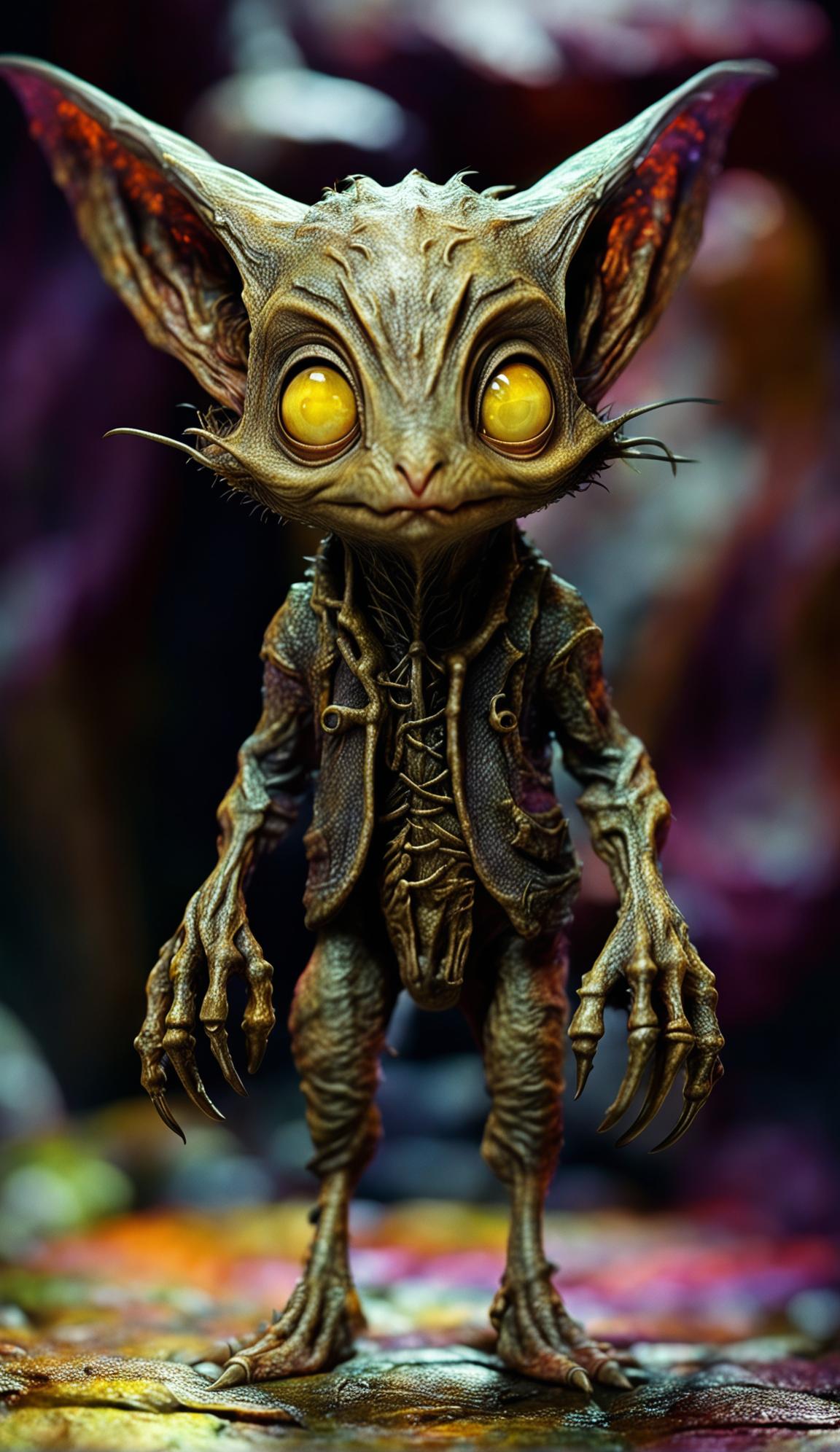 A 'Fantastic Beasts' style Nargle with light purple to black skin, thin arms and legs, long fingers and toes, bat-like ears, large gold eyes, pointy nose, and sharp teeth.