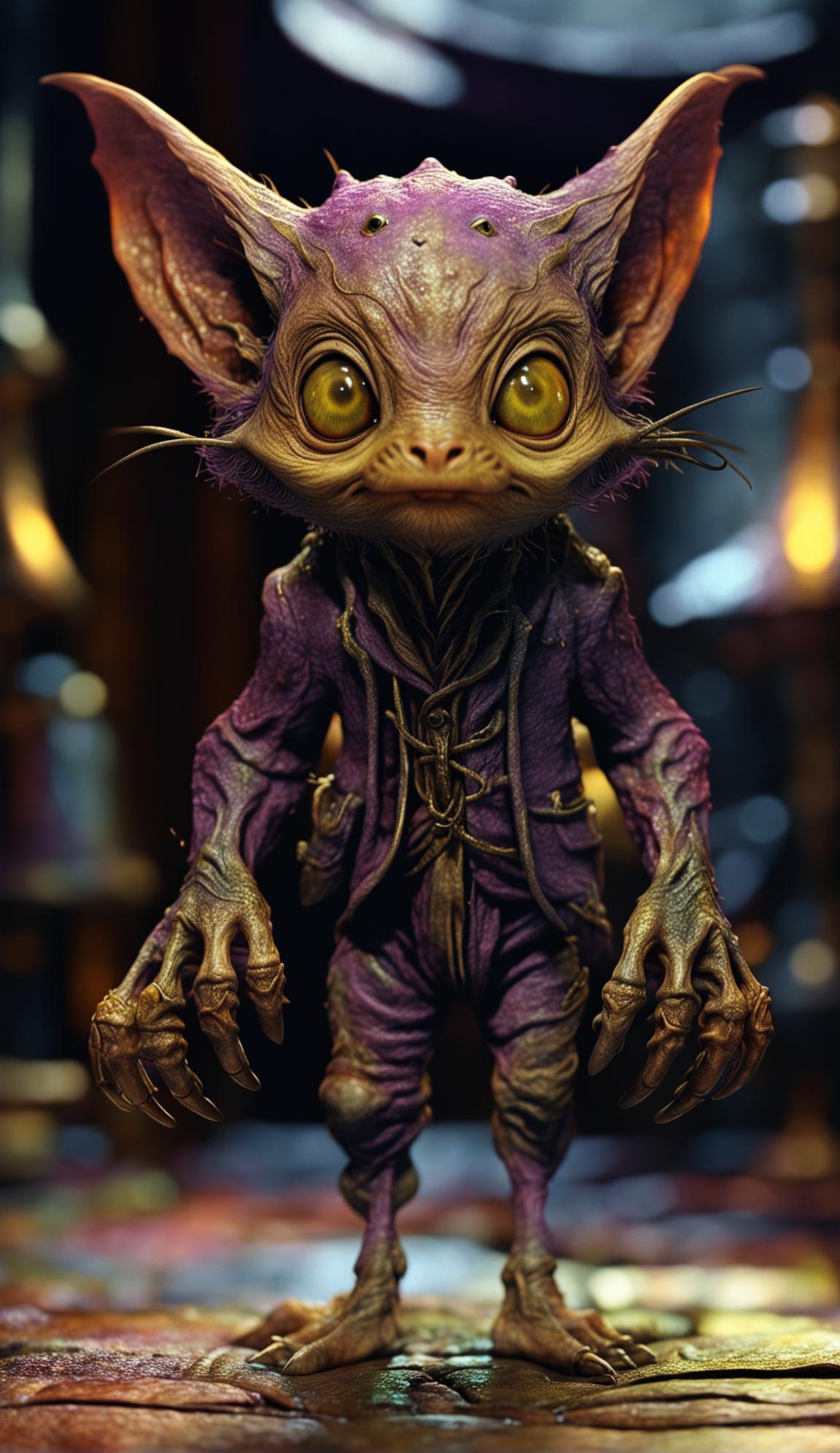 A 'Fantastic Beasts' style Nargle with sin purple skin, thin arms and legs, long fingers and toes, bat-like ears, large gold eyes, pointy nose, and sharp teeth.