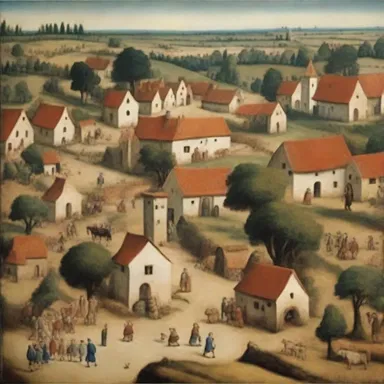 The painting of a medieval village showcases the unique copyhold system, where farmers held and worked the land under the lord's authority.