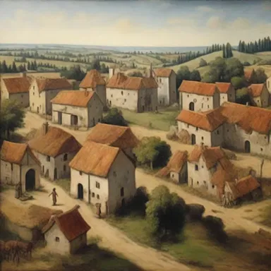 The painting of a medieval village showcases the unique copyhold system, where farmers held and worked the land under the lord's authority.