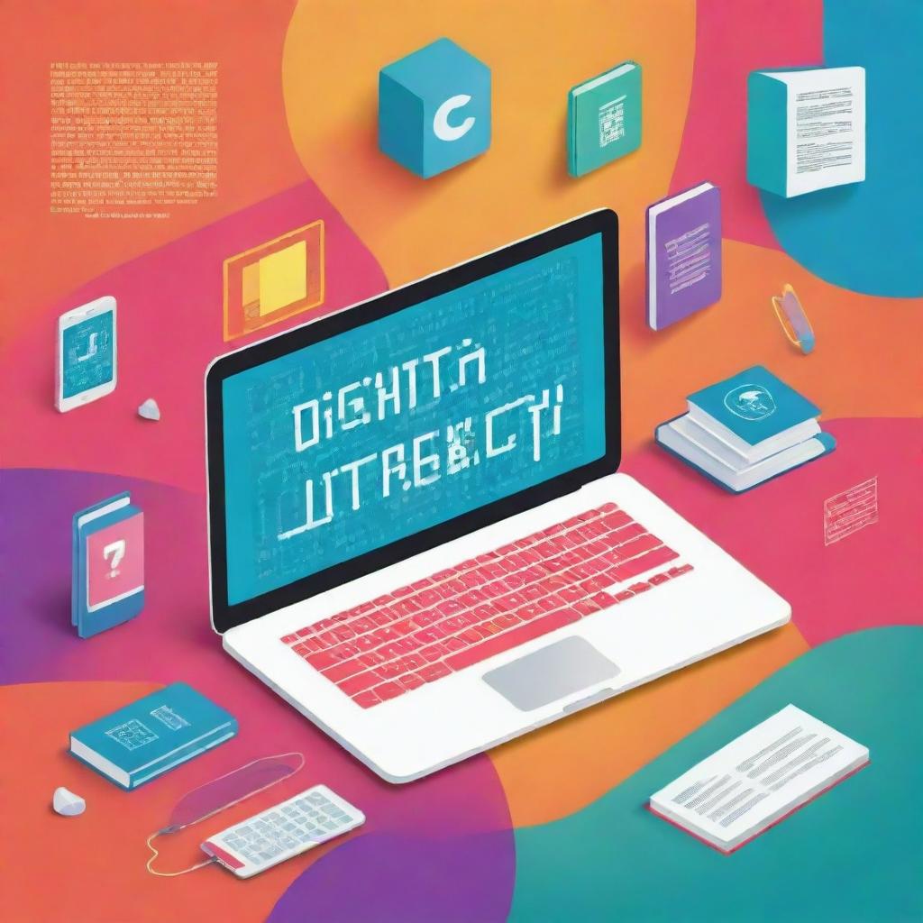 A poster promoting digital literacy with an educational theme. Includes elements like laptop, books, stylized binary code. Use a palette of bright, approachable colors.