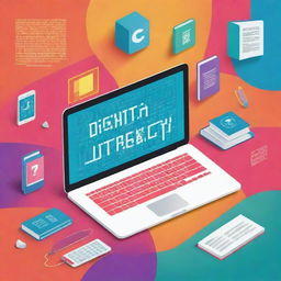 A poster promoting digital literacy with an educational theme. Includes elements like laptop, books, stylized binary code. Use a palette of bright, approachable colors.