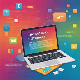 A poster promoting digital literacy with an educational theme. Includes elements like laptop, books, stylized binary code. Use a palette of bright, approachable colors.