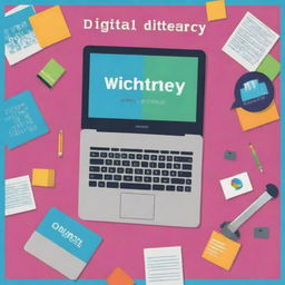 A poster promoting digital literacy with an educational theme. Includes elements like laptop, books, stylized binary code. Use a palette of bright, approachable colors.