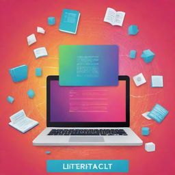 A poster promoting digital literacy with an educational theme. Includes elements like laptop, books, stylized binary code. Use a palette of bright, approachable colors.