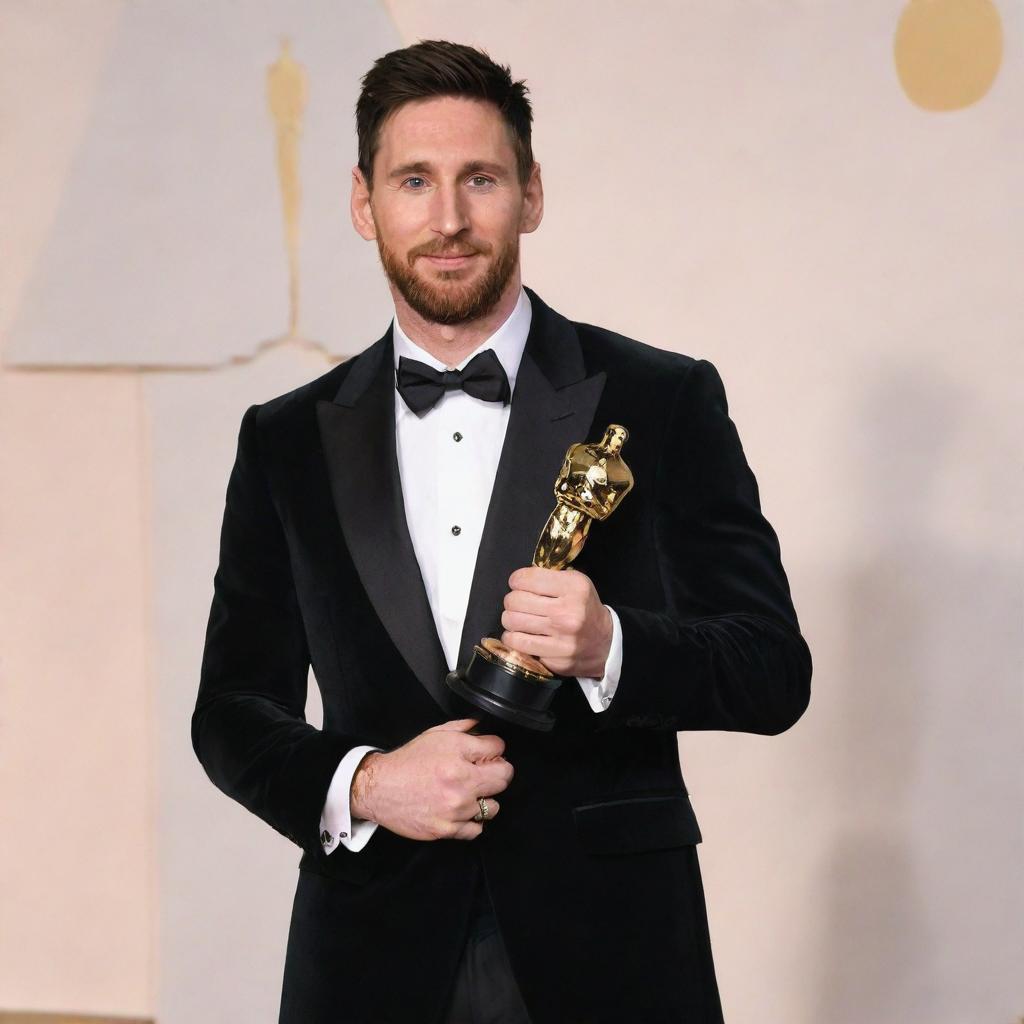 Lionel Messi, the renowned soccer player, dressed in a stylish tuxedo, proudly holding an Oscar award in a glamorous event setting