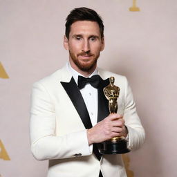 Lionel Messi, the renowned soccer player, dressed in a stylish tuxedo, proudly holding an Oscar award in a glamorous event setting