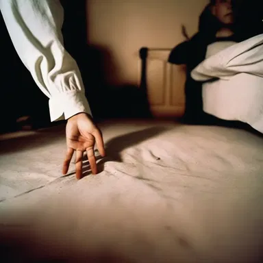 In the horror movie, the main character slowly approached the outstretched hand reaching out from under the bed.