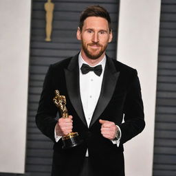 Lionel Messi, the renowned soccer player, dressed in a stylish tuxedo, proudly holding an Oscar award in a glamorous event setting