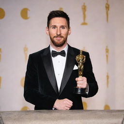 Lionel Messi, the renowned soccer player, dressed in a stylish tuxedo, proudly holding an Oscar award in a glamorous event setting