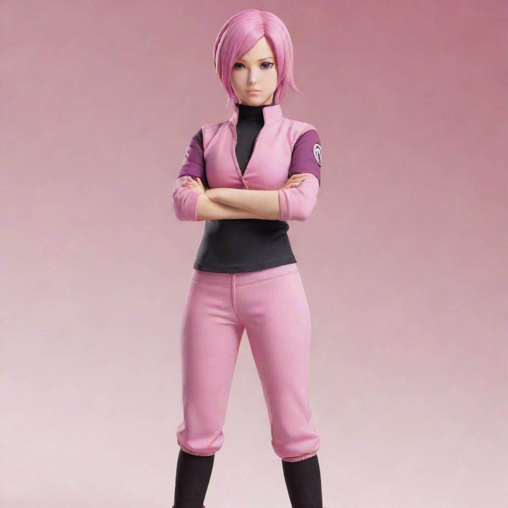 Sakura Haruno from Naruto in her typical pink outfit, standing in a confident pose