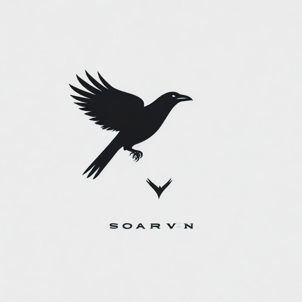 Create a logo for 'Soarven'. Design a minimalist and sleek raven in mid-flight, enriched with subtle feathers. Incorporate a sleek, upward arrow symbolizing ascension in a timeless black and white palette. Include unique details for a memorable impact.