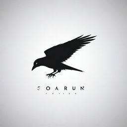 Create a logo for 'Soarven'. Design a minimalist and sleek raven in mid-flight, enriched with subtle feathers. Incorporate a sleek, upward arrow symbolizing ascension in a timeless black and white palette. Include unique details for a memorable impact.