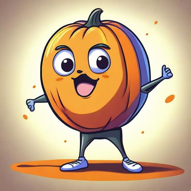 An image of a caper, anthropomorphized with cartoonish features, joyfully holding a pumpkin