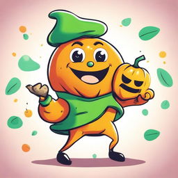 An image of a caper, anthropomorphized with cartoonish features, joyfully holding a pumpkin