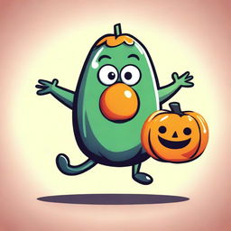 An image of a caper, anthropomorphized with cartoonish features, joyfully holding a pumpkin