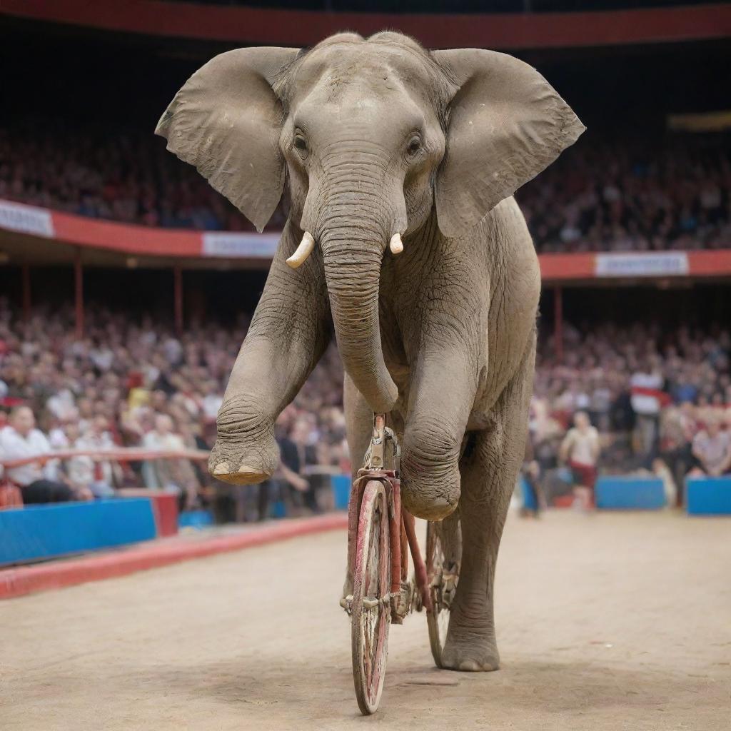 A detailed picture of an elephant intelligently balancing itself on a bicycle in a circus arena.