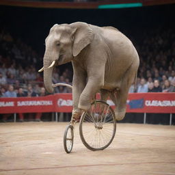 A detailed picture of an elephant intelligently balancing itself on a bicycle in a circus arena.