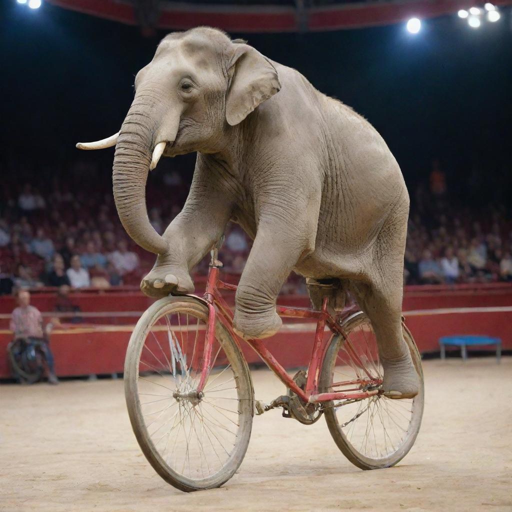 A detailed picture of an elephant intelligently balancing itself on a bicycle in a circus arena.