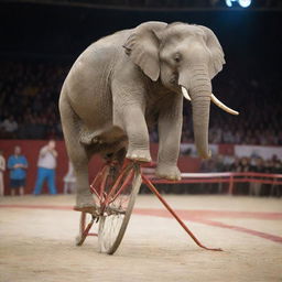 A detailed picture of an elephant intelligently balancing itself on a bicycle in a circus arena.