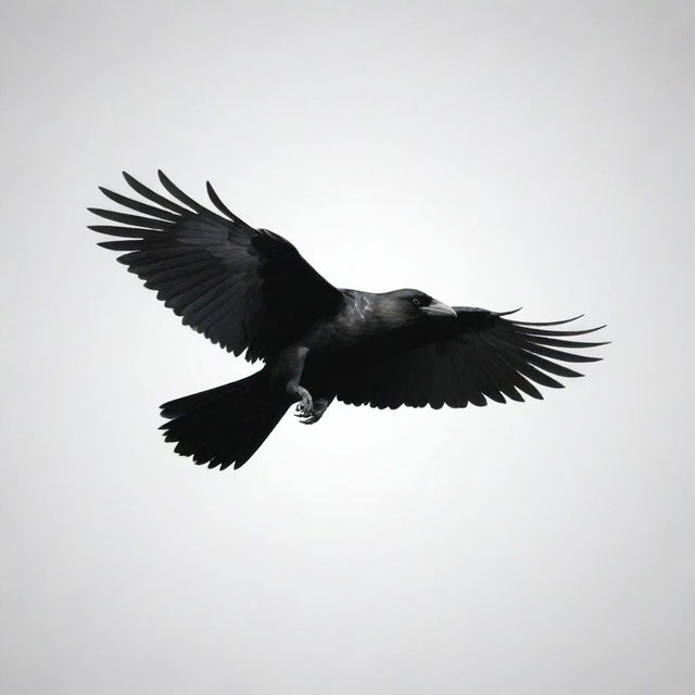 Generate a Soarven logo, featuring a sophisticated raven in flight with detailed feathers, subtly fusing an upward arrow. Maintain a classic black and white color scheme to ensure versatility in different sizes. Add unique elements for a distinctive, powerful image