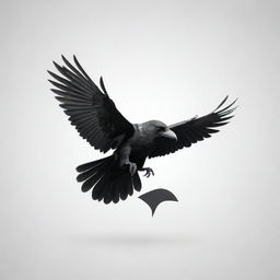 Generate a Soarven logo, featuring a sophisticated raven in flight with detailed feathers, subtly fusing an upward arrow. Maintain a classic black and white color scheme to ensure versatility in different sizes. Add unique elements for a distinctive, powerful image