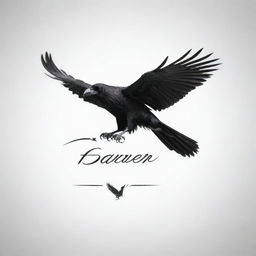 Generate a Soarven logo, featuring a sophisticated raven in flight with detailed feathers, subtly fusing an upward arrow. Maintain a classic black and white color scheme to ensure versatility in different sizes. Add unique elements for a distinctive, powerful image