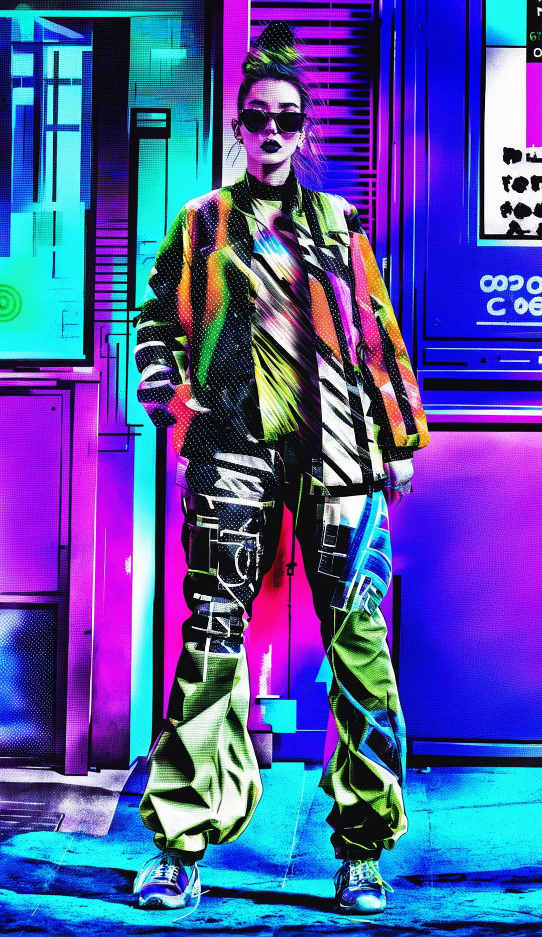 Digital art of a street fashion model in dynamic pose, dressed in neon colors and bold patterns with a glitch aesthetic.