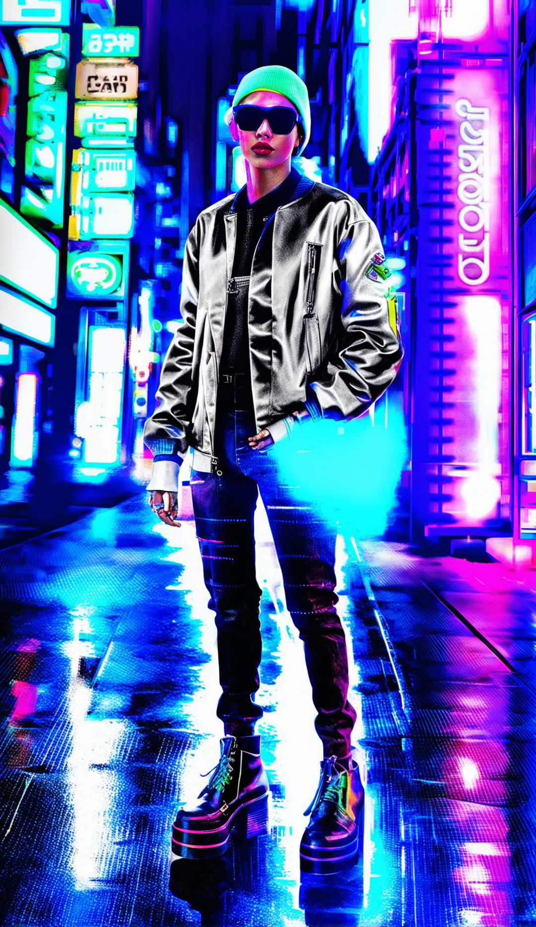 Digital art of a modern street fashion scene under vibrant neon lights with a glitching effect.