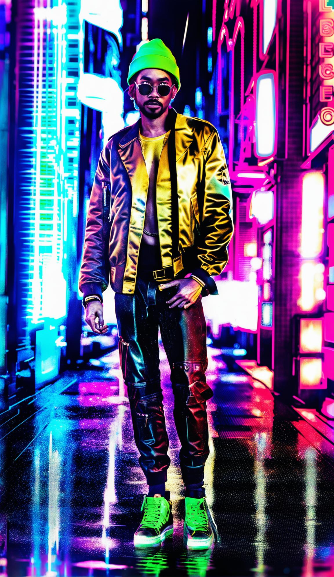 Digital art of a mixed-race individual in modern high-end street fashion under vibrant neon lights with a glitching effect.