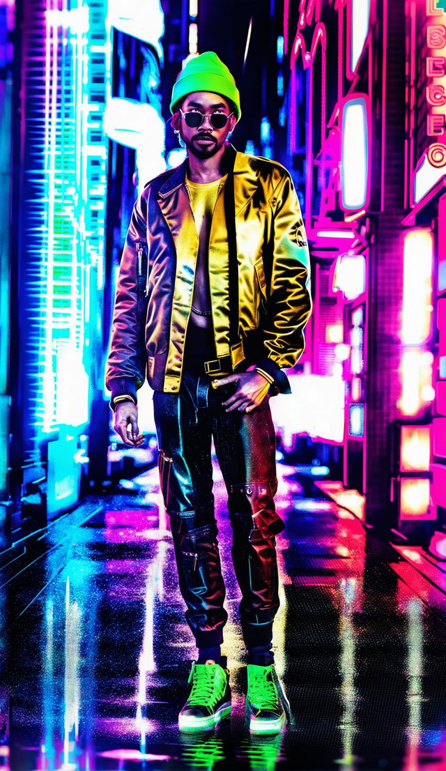 Digital art of a mixed-race individual in modern high-end street fashion under vibrant neon lights with a glitching effect.