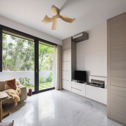 Modern 3BHK house interior with spacious living room, furnished with minimalist decor and large windows.