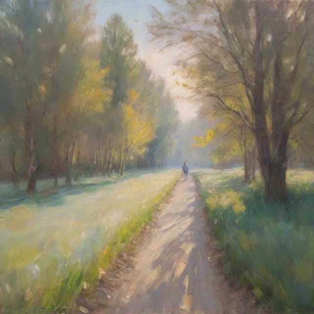 Impressionistic landscape with blurry brushstrokes portraying ethereal light. Include subtle and nuanced portraits blending with the surroundings.