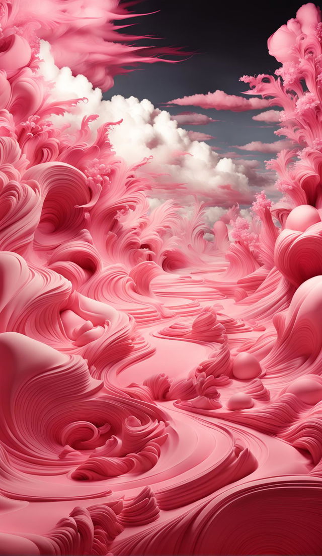 A psychedelic dreamscape dominated by Barbie pink hues with swirling patterns and shifting forms.