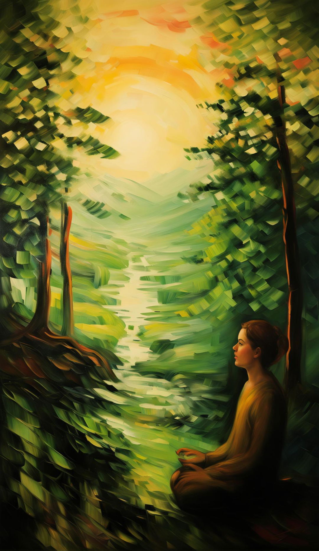 Impressionistic landscape bathed in ethereal light with blurry brushstrokes and subtle portraits merging with nature.