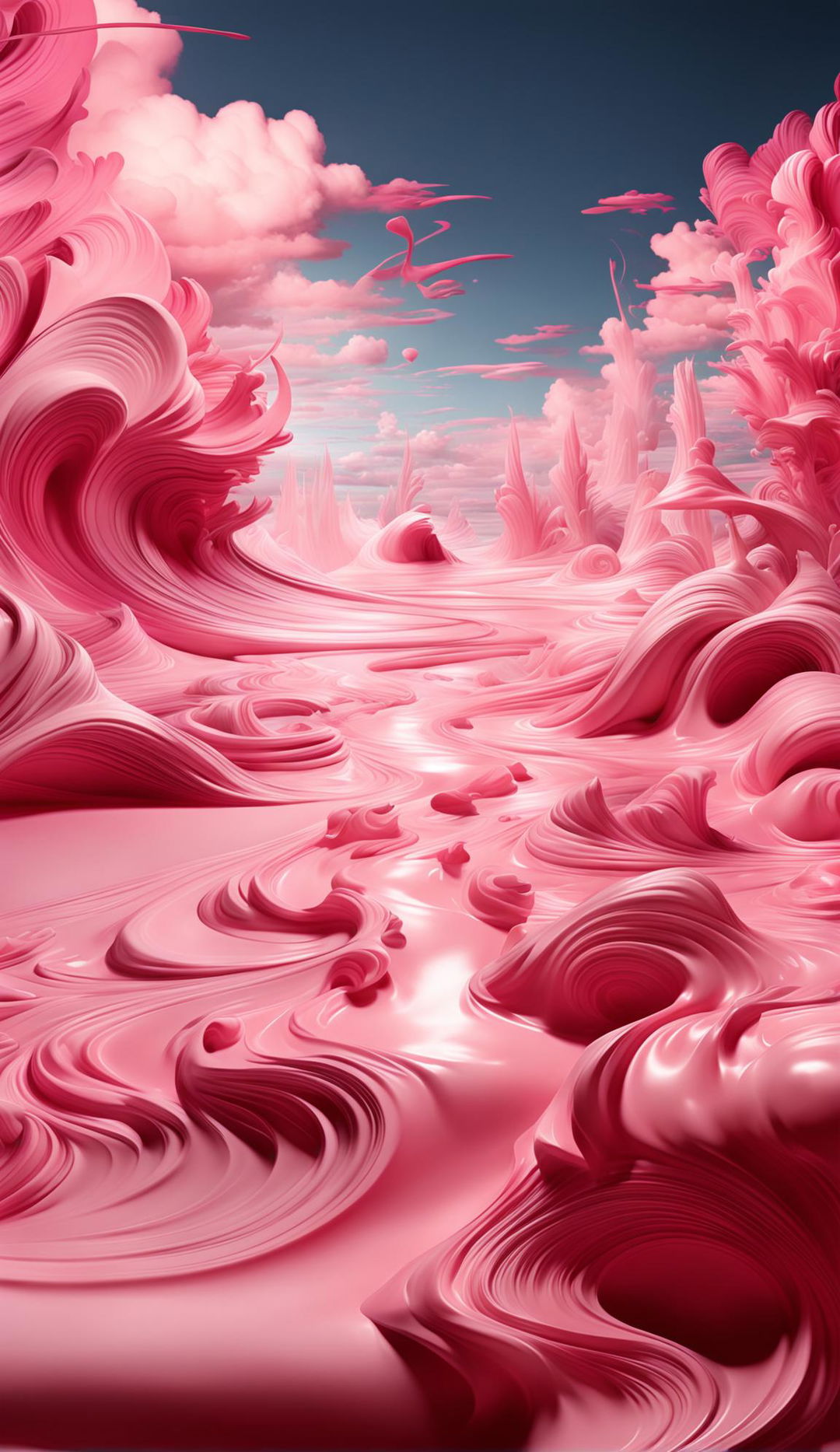 Impressionistic Barbie pink landscape with surreal patterns and gasoline-on-water vibes as seen through the eyes of someone on psychedelics.