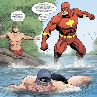 In the action-packed comic, the hero battles against the mighty rip in the river, trying to rescue the stranded swimmers.