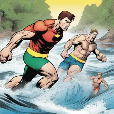 In the action-packed comic, the hero battles against the mighty rip in the river, trying to rescue the stranded swimmers.